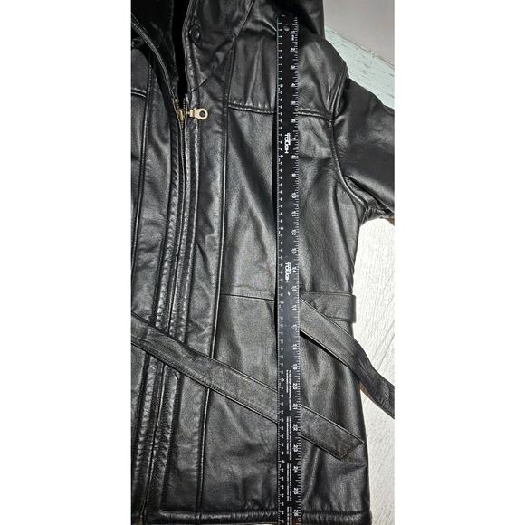 Wilson's Leather Belted Coat Jacket Faux Fur Lined Hooded Black MED VINTAGE MOTO - Picture 9 of 10